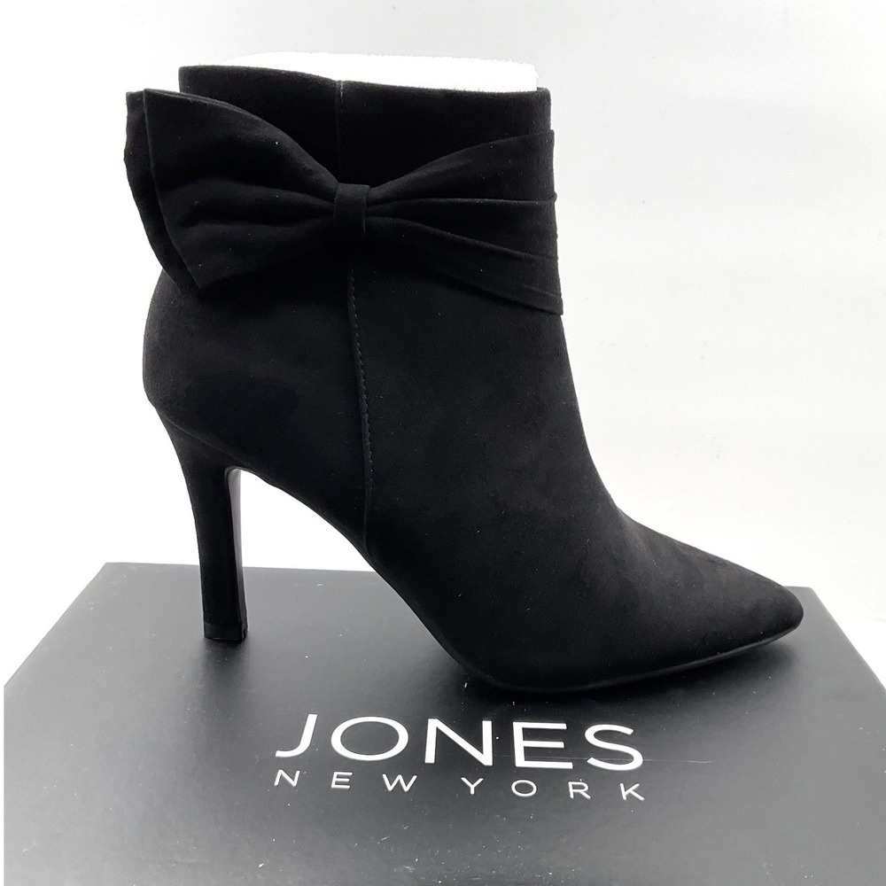 Jones New York Womens Black Faux Suede Bow Stiletto Ankle Boots Pointed Toe